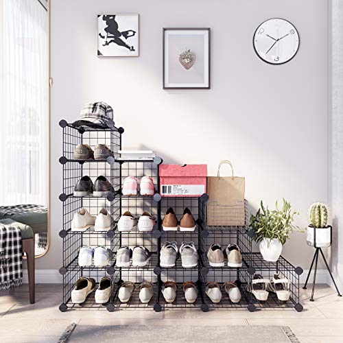 Shoe Rack, Modular DIY Storage Unit Metal Wire Grid, Interlocking Shoe Organiser for Closet Hallway Bedroom, Includes Rubber Mallet and Anti-Tipping Straps, Black