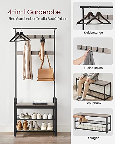 Coat Rack, Coat Stand with Shoe Storage Bench, 4-in-1 Design, with 9 Removable Hooks, a Clothes Rail, for Hallway, Entrance, 33.7 x 77 x 183 cm, Industrial, Greige and Black