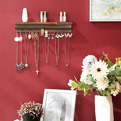 Jewellery Organiser, Wall-Mounted Jewellery Display with Shelf, Hooks, Earring, Bracelets Holder, Gift, Rustic Brown