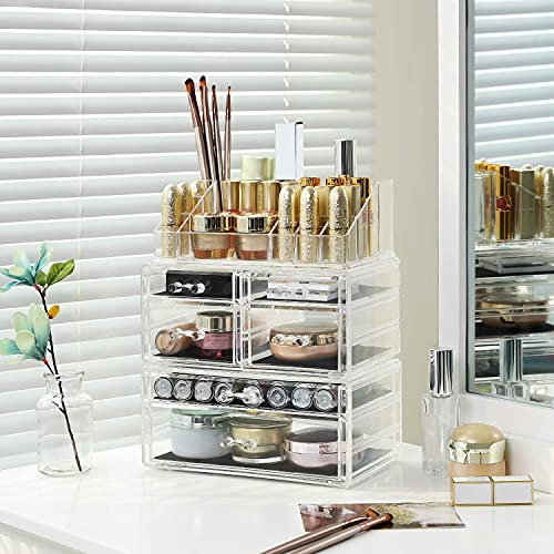 Makeup Organizer, Cosmetics Organizer with 6 Drawers and 16 Compartments in Different Sizes, transparent