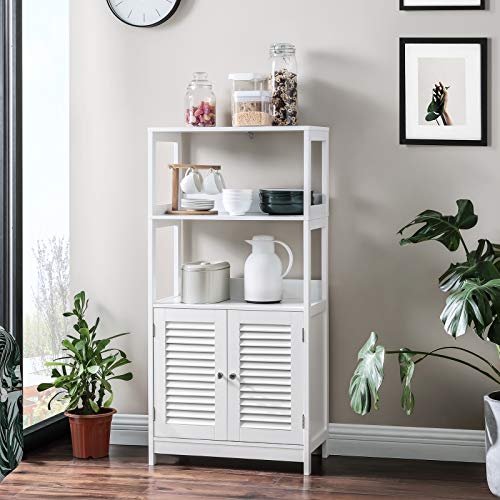 Bathroom Floor Cabinet, Tall Storage Cabinet, Freestanding Bookshelf with 2 Open Shelves and Double Doors, 60 x 32.5 x 122 cm, for Living Room, Kitchen, Study, Entryway, Matte White