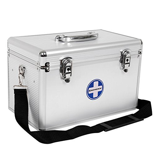 First Aid Case Medicine Storage Pill Box Drug Medicine with Carrying Handle Carry Strap Aluminium Bars ABS Silvery