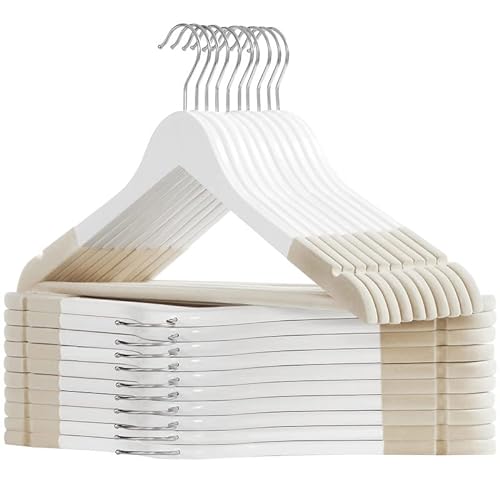 Set of 20 Solid Wood Hangers with Velvet Cover, Non-Slip Notches in the Shoulder Area, with Bar for Trousers, 360° Rotating Hook, for Jackets, White