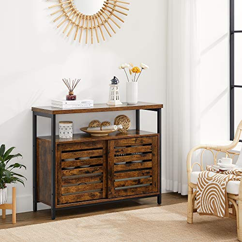 Sideboard, Floor Cabinet with Sliding Doors, Storage Cupboard, Living Room, Hall, Kitchen, Dining Room, Steel Frame, Industrial Style, Rustic Brown and Black