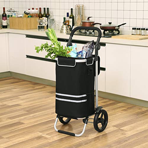 Shopping Trolley, Foldable Shopping Cart, Solid, with Insulated Cooling Bag, Large Capacity 35L, Multifunctional Luggage Cart with Wheels, Detachable Backpack, Black