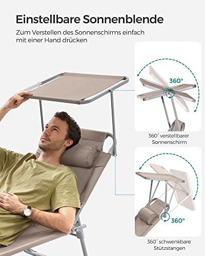 Sun Lounger, Sunbed, Reclining Sun Chair, with Headrest, Adjustable Backrest, Sunshade, Lightweight, Foldable, 53 x 193 x 29.5 cm, Load Capacity 150 kg, for Garden, Taupe 