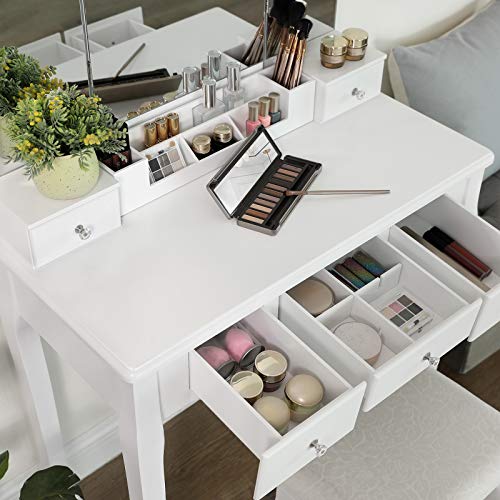 Dressing Table with 5 Drawers, Makeup Desk with 1 Stool, Frameless Tri-Fold Mirror, 1 Removable Cosmetic Storage Box, Vanity Set, Easy to Assemble, White