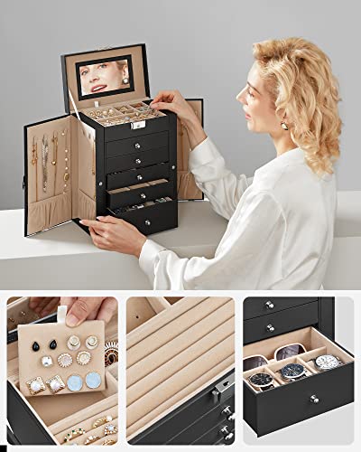 Jewellery Box 6 Tiers, Jewellery Case with 5 Drawers, Large Storage Capacity, with Mirror, Lockable, Jewellery Storage Organiser, Gift for Loved Ones, for Watches, Black