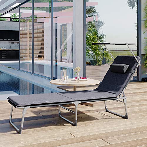 Sun Lounger, Reclining Chair, with 3 cm Thick Mattress, Headrest, Reclining Backrest, Sunshade, Foldable, 53 x 193 x 29.5 cm, Load Capacity 150 kg, for Garden, Patio, Dark Grey