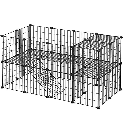 2-Floor Metal Pet Playpen, 36 Grid Panels, Customisable Cage Enclosure for Small Animals, Guinea Pigs Hamster Runs, Rabbit Hutches, Includes Mallet, Indoor Use, 143 x 73 x 71 cm, Black