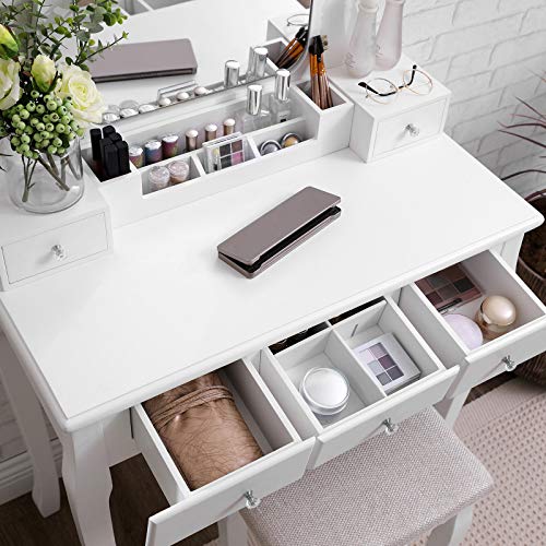 Vanity Set, Dressing Table Set with Large Frameless Mirror for Makeup, 5 Drawers and a Removable Storage Organiser, Cushioned Stool, White