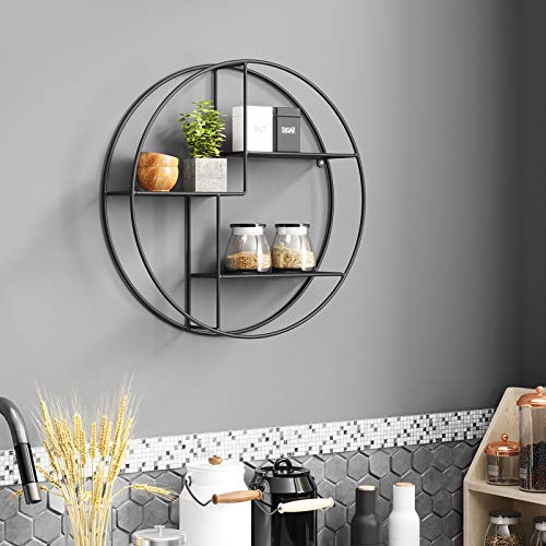 Industrial Metal Wall Shelf, Round Floating Shelf With 3 Metal Mesh Panels, With 2 Screws, 55 Dia. X 12 cm, for Living Room, Office, Kitchen, Decoration, Black