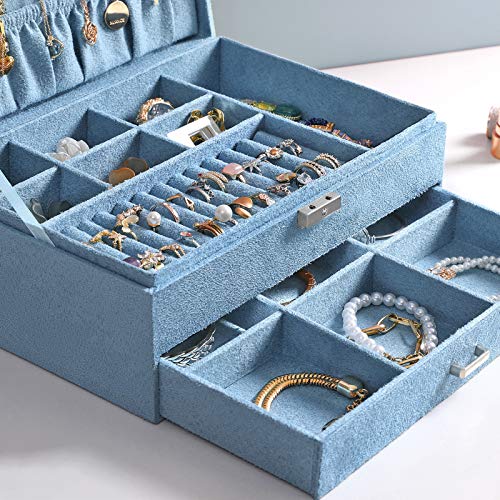 Jewellery Box, Jewellery Case, 2 Levels with a Drawer and Key, for Rings Watches Necklaces Earrings, Light Blue