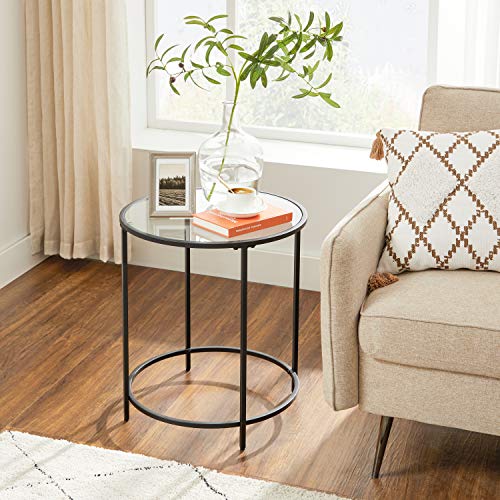 Round Side Table, Small Coffee Table, Tempered Glass End Table with Steel Frame, Bedside Table, Living Room, Balcony, Black