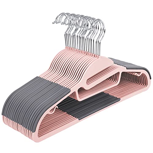 Set of 20 Plastic Hangers, Coat Hangers with U-Shaped Opening, Non-Slip, Space-Saving, 0.5 cm Thick, 41.5 cm Long, 360° Swivel Hook, Pink and Dark Grey