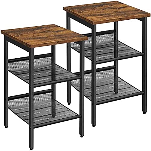 Side Table Set, Nightstand, Industrial Set of 2 Bedside Tables, with Adjustable Mesh Shelves, Living Room, Bedroom, Hallway, Office, Stable, Rustic Brown and Black