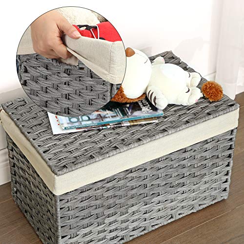 Rattan-Style Storage Box, Indoor Storage Basket, 65L Landry Hamper, Decorative Bin with Lid Liner Handles, Storage Trunk, Grey