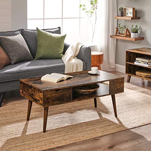 Coffee Table with Storage, Drawer, Open Compartment, Long Legs, for Living Room, Dining Room, 100 x 50 x 45 cm, Rustic Brown