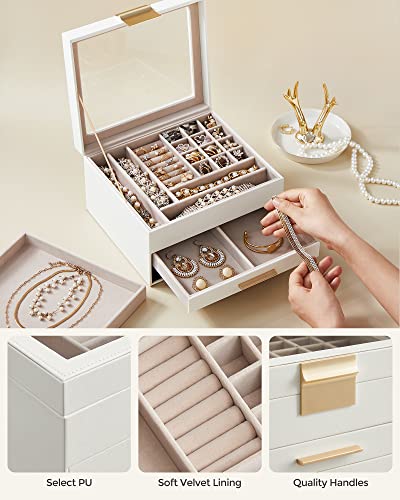 Jewellery Box with Glass Lid, 3-Layer Jewellery Organiser with 2 Drawers, Jewellery Storage, Plenty of Storage Space, Modern Style, Gift for Loved Ones, Cloud White and Gold