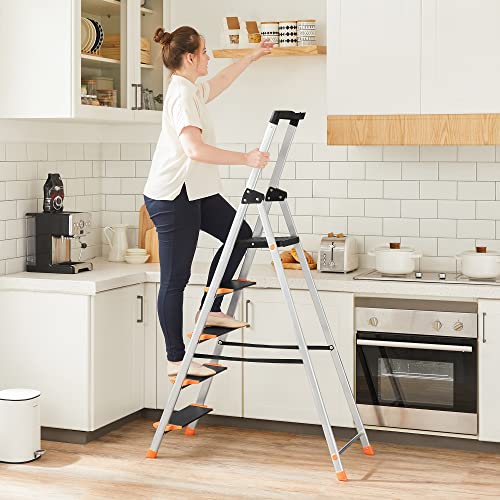 5 Step Ladder, Aluminium, Fold Away with 13 cm Wide Steps, Tool Tray and Anti-Slip Feet, Max. Static Load 150 kg, EN131 Standard, Black and Orange