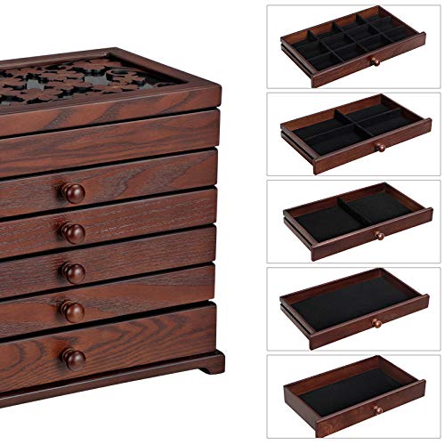 Wooden Jewellery Box with Floral Carving, 6-Tier Jewellery Organiser with 5 Removable Pull-Out Drawers, Gift for Loved Ones, Dark Brown