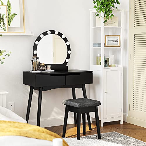 Dressing Table Set with Mirror and Light Bulbs for Makeup, Vanity Table with 2 Large Sliding Drawers and Cushioned Stool, Black