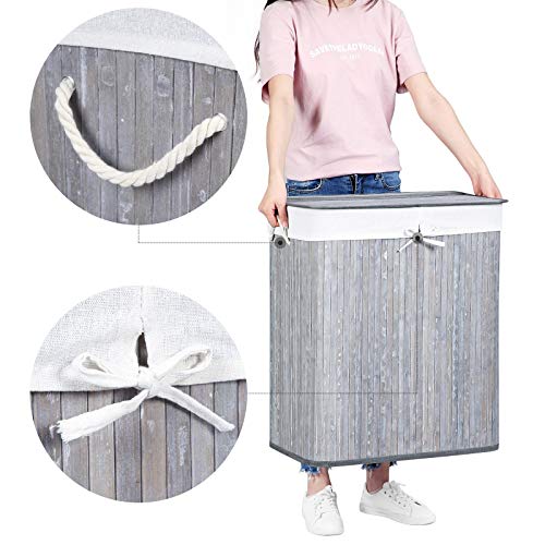 Divided Laundry Basket with Lid, Bamboo Laundry Hamper with 2 Sections, Removable Liners, Cotton Handles, 100L Storage Capacity, for Laundry Room, Bedroom, Distressed Grey