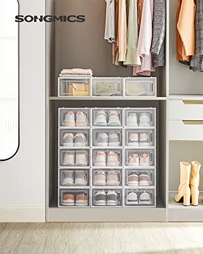 Shoe Boxes, Pack of 18 Stackable Shoe Storage Organisers, Foldable and Versatile for Sneakers, Fit up to UK Size 10.5, Transparent and White