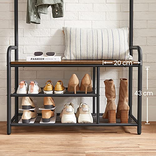 Coat Rack with Shoe Bench, 9 Removable Hooks, Top Shelf for Entrance, Hallway, Bedroom, Rustic Brown and Black