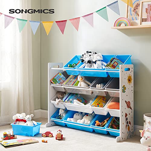 Toy Storage Unit, 4-Tier Large Toy Organiser for Kids with 16 Removable Plastic Bins, for Children’s Room, Playroom, Living Room, White, Blue, and Grey