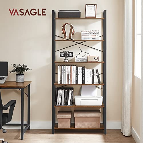 Bookshelf, 6-Tier Shelving Unit with Steel Frame, Tall Rustic Shelves for Living Room, Office, Study, Hallway, Industrial Style, 80 x 30 x 186 cm, Rustic Brown and Black