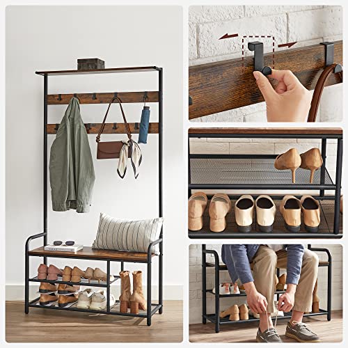 Coat Rack with Shoe Bench, 9 Removable Hooks, Top Shelf for Entrance, Hallway, Bedroom, Rustic Brown and Black