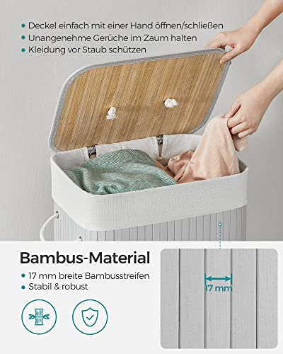 Rectangular Laundry Basket, Bamboo Laundry Basket with 3 Handles, 40 x 30 x 60 cm, Grey