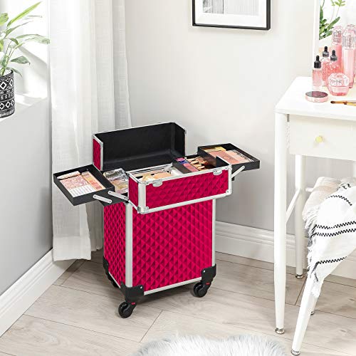 Cosmetic Case Trolley Makeup Case with Handle with 4 Universal Wheels with 4 Extendable Compartments for Travel Red