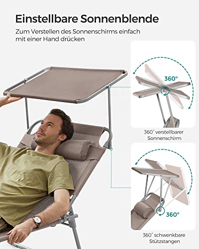 Lounger, Sunbed, Large Reclining Sun Chair, 71 x 200 x 38 cm, Load Capacity 150 kg, with Headrest, Reclining Backrest, Sunshade, Foldable, for Garden, Taupe Colour