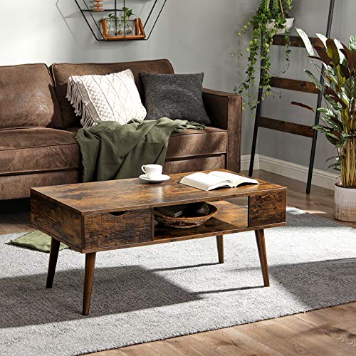 Coffee Table with Storage, Drawer, Open Compartment, Long Legs, for Living Room, Dining Room, 100 x 50 x 45 cm, Rustic Brown