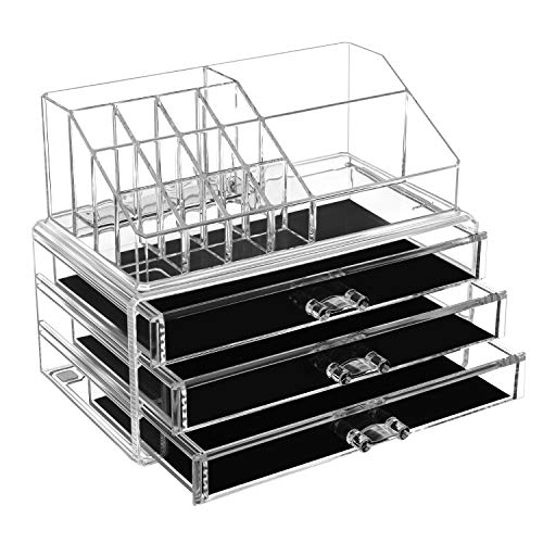 Makeup Organiser, 2-Piece Set Makeup Box, Cosmetic Organiser with 3 Drawers and 15 Various Compartments, for Lipsticks, Brushes, Transparent