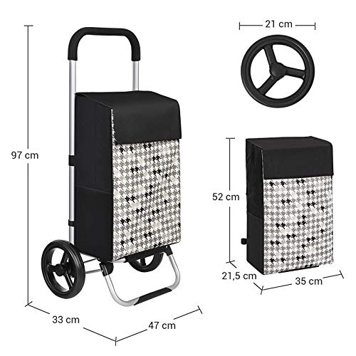 Shopping Trolley on Wheels, Shopping Cart, Load Capacity 40L, with Pockets, Silent Wheels, Hooks, 47 x 33 x 97 cm, Houndstooth Pattern, Black