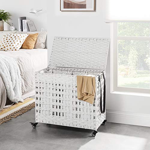 Handwoven Laundry Basket with Lid, Rattan-Style Laundry Hamper with 3 Separate Compartments, Handles, Removable Liner Bags, for Living Room, Bathroom, Laundry Room, White