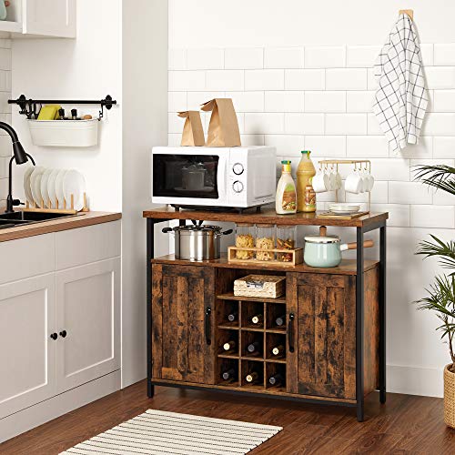 Storage Cabinet, Sideboard and Buffet Table with Wine Holder, 2-Door Cupboard for Dining Room, Living Room, Kitchen, 100 x 35 x 81.4 cm, Industrial, Rustic Brown and Black