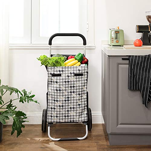 Shopping Trolley on Wheels, Shopping Cart, Load Capacity 40L, with Pockets, Silent Wheels, Hooks, 47 x 33 x 97 cm, Houndstooth Pattern, Black