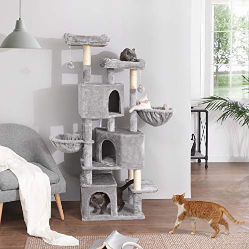 Large Cat Tree with 3 Cat Caves, 164 cm Cat Tower, Light Grey