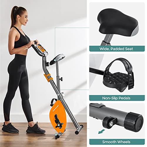 Exercise Bike, Fitness Bicycle, Foldable Indoor Trainer, 8 Magnetic Resistance Levels, with Floor Mat, Pulse Sensor, Phone Holder, 100 kg Max. Weight, Orange