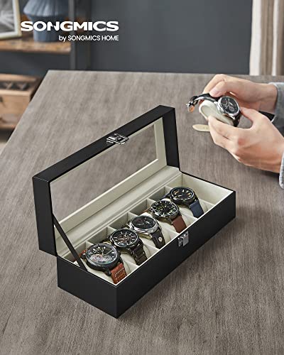 Watch Box with 6 Slots, Watch Case with Glass Lid, Velvet Watch Pillows, Watch Holder with Clasp, 11.2 x 30 x 8 cm, Gift Idea, Black Synthetic Leather, Greenish Grey Lining