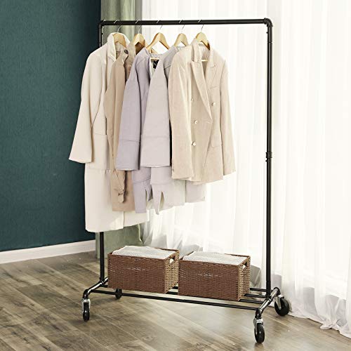 Heavy Duty Metal Clothes Rack on Wheels, Holds 90 kg, Industrial Design, Coat Stand with 1 Clothes Rail and Shelf, for Bedroom Laundry Room, Black