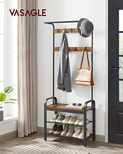 Coat Rack, Coat Stand with Shoe Storage Bench, 4-in-1 Design, with 9 Removable Hooks, a Clothes Rail, for Hallway, Entrance, 33.7 x 77 x 183 cm, Industrial, Rustic Walnut and Black