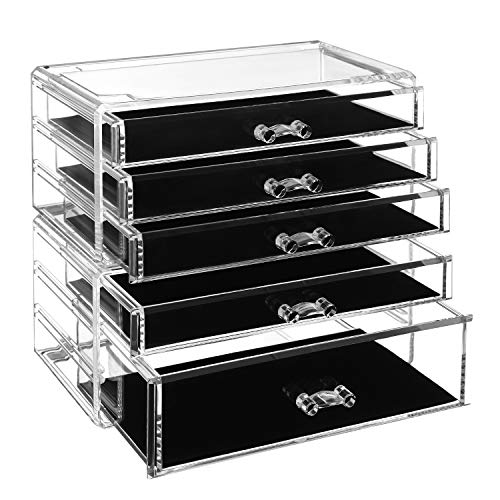 Makeup Organiser, 2-Piece Storage Boxes for Jewellery and Cosmetics, Stackable, with 5 Drawers, Transparent Polystyrene