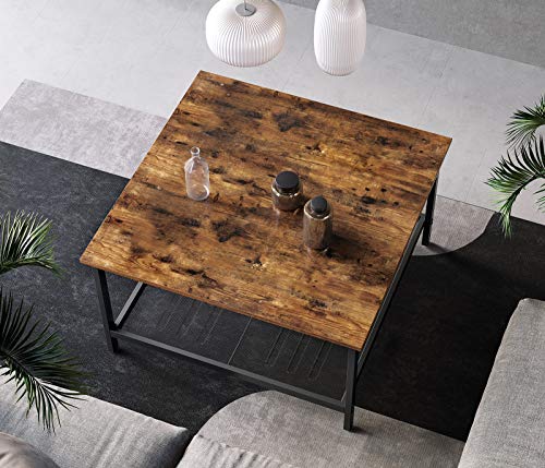 Coffee Table, Square Cocktail Table with Spacious Table Top, Robust Steel Frame and Mesh Storage Shelf, Industrial Style, for Living Room, Rustic Brown and Black