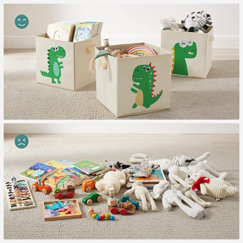 Storage Boxes, Set of 3, Storage Baskets, Toy Storage, Fabric Boxes, 30 x 30 x 30 cm, Foldable, with Handles, Bedroom, Playroom, Dinosaurs, Beige