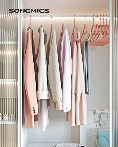 Velvet Hangers, Set of 50 Coat Hangers for Clothes, Non-Slip, with Tie Bar and Rose Gold Hook, Space-Saving, 0.6 cm Thick, 43.5 cm Long, for Dresses Trousers, Light Pink